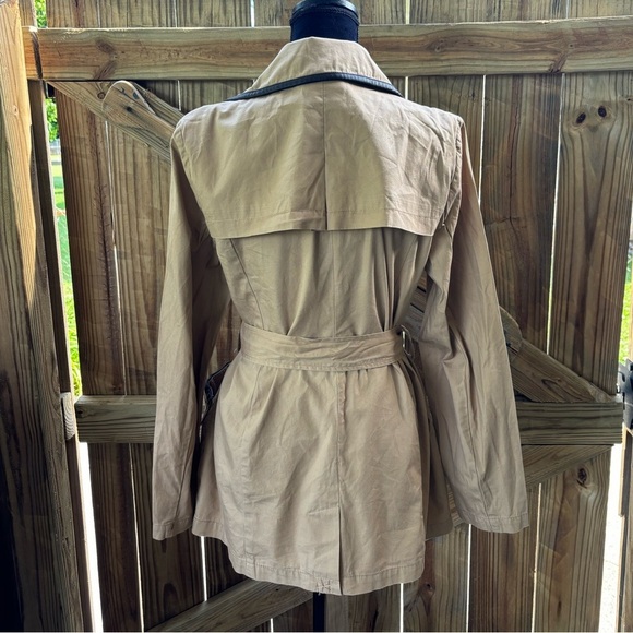 Tommy Hilfiger Tan Double Breasted Cotton Trench Coat with Faux Leather Trim L - Picture 5 of 14